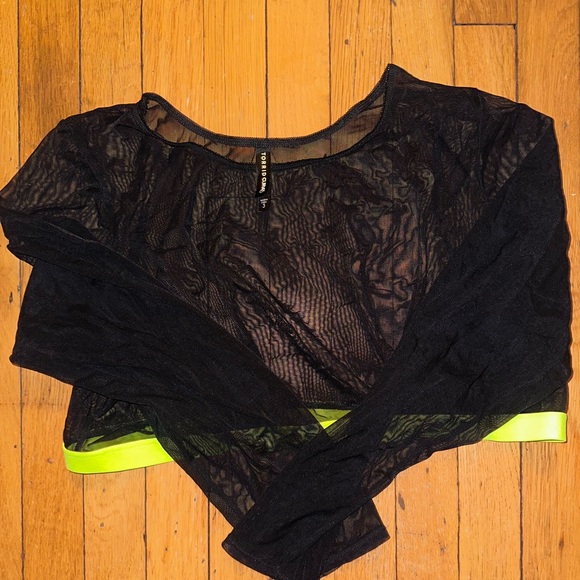 Torrid Black Sheer Mesh Long Sleeve Crop Top Neon Green Hem Size 3 (3X) - Picture 2 of 4